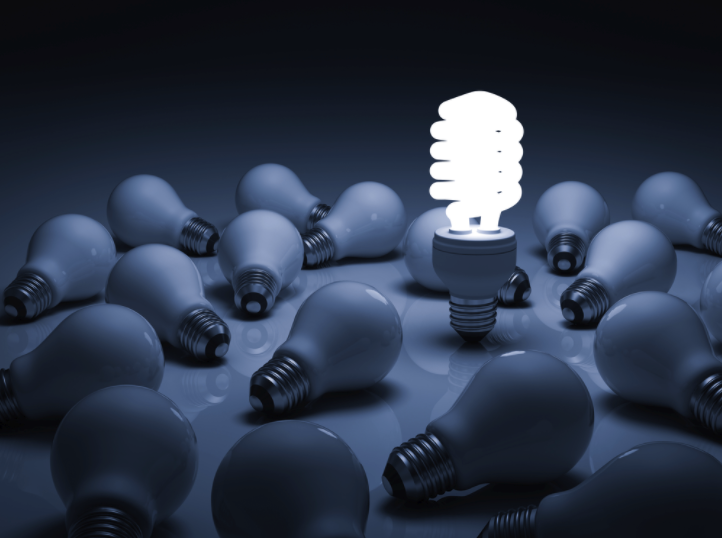 A lit lightbulb among unlit light bulbs.